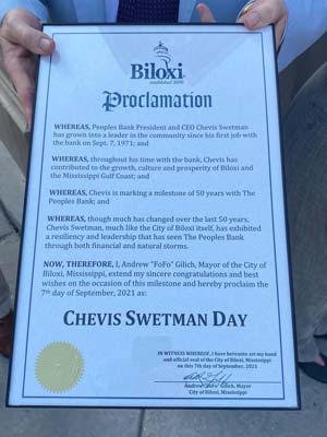 The official Biloxi proclamation for Chevis Swetman Day